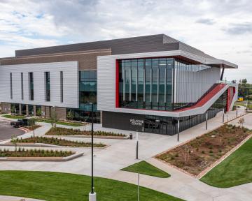 Aims Welcome Center aerial on Greeley campus