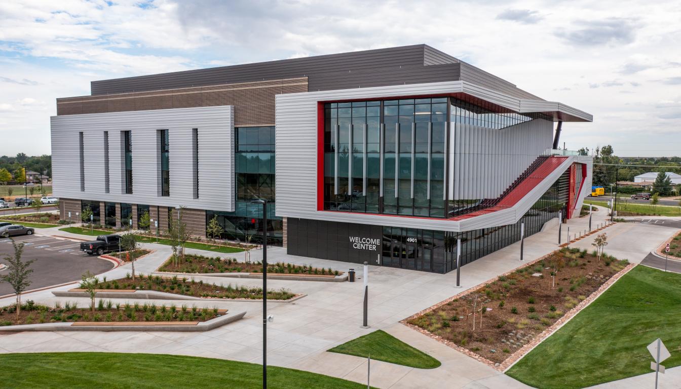 Aims Welcome Center aerial on Greeley campus