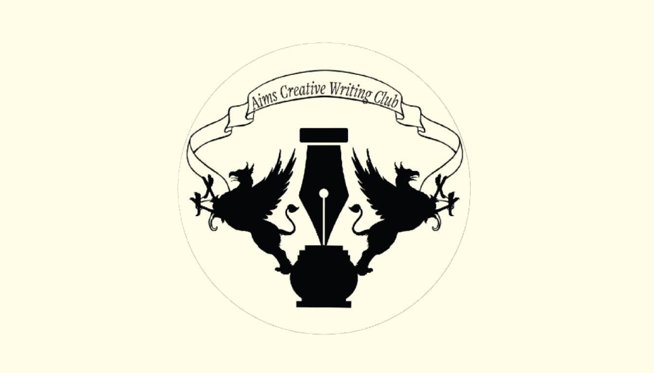 Aims creative writing logo with a pen silhouette in middle and two Phoenixes on both sides