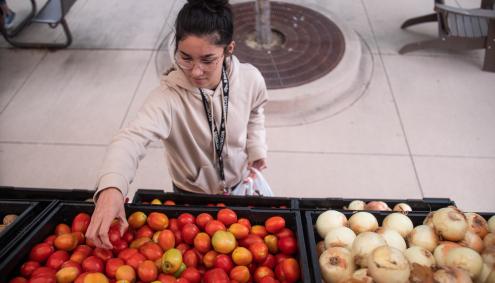 Student getting food off of a food truck
