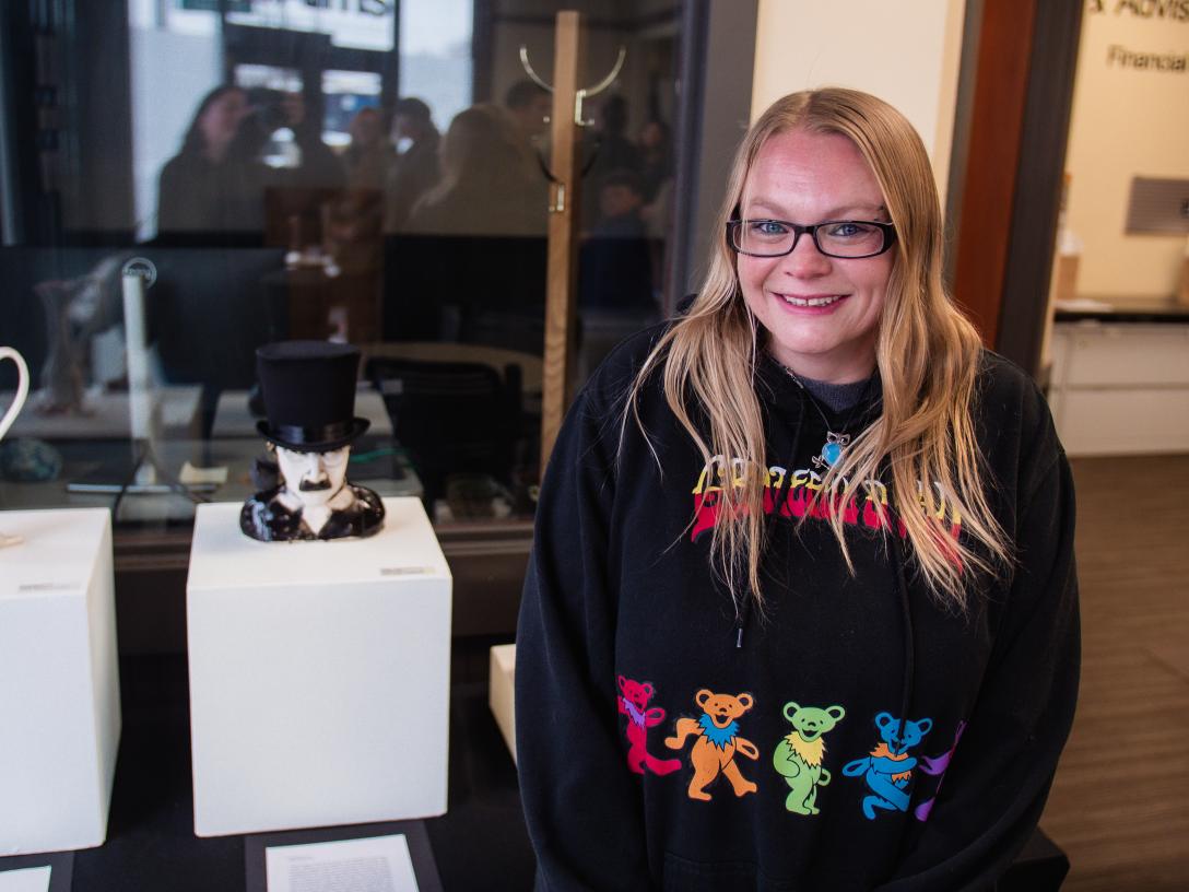 Danielle Irwin with her Edgar Allen Poe sculpture