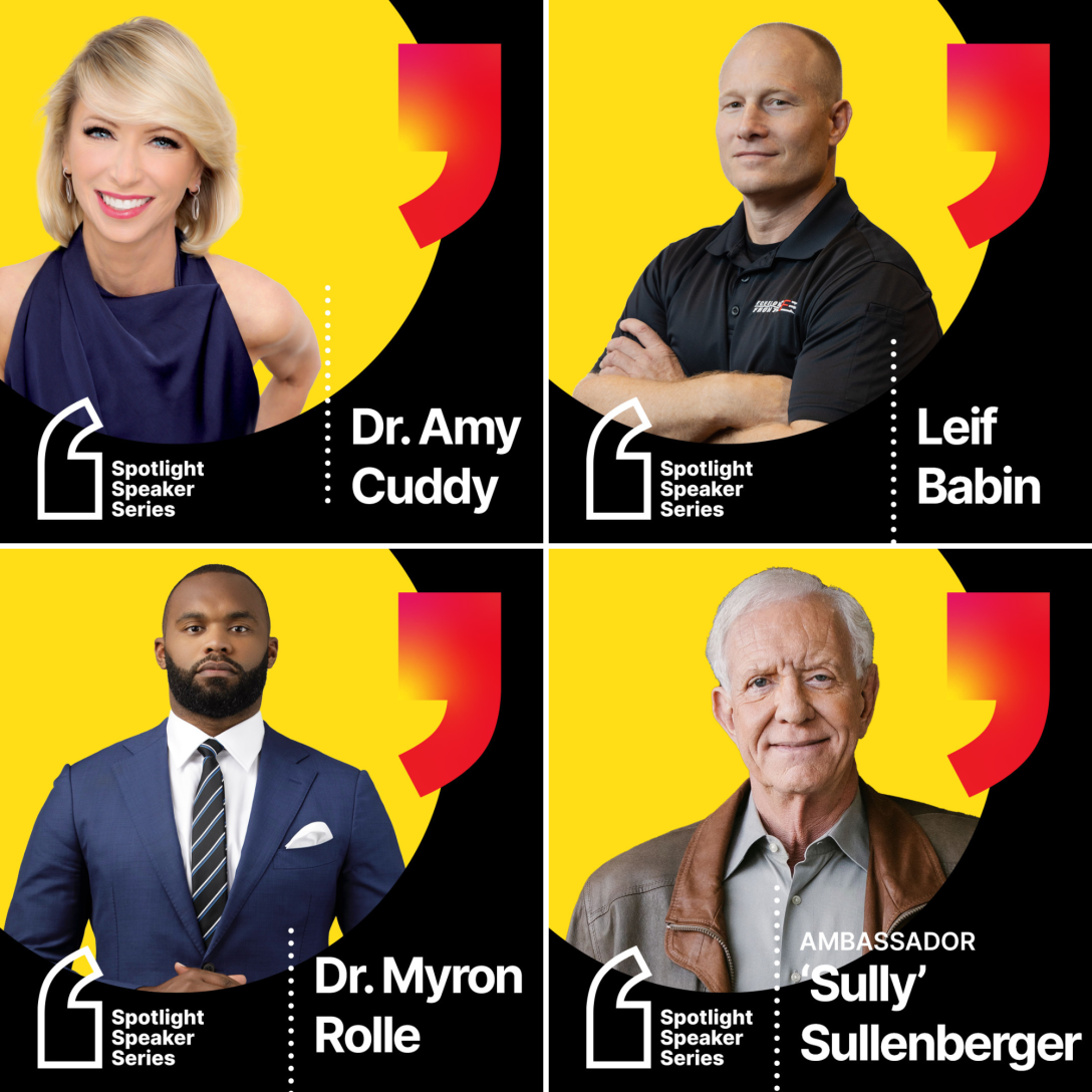 Spotlight Speakers Series Graphic with photos of Amy Cuddy, Leif Babin, Myron Rolle, Sully Sullenberger