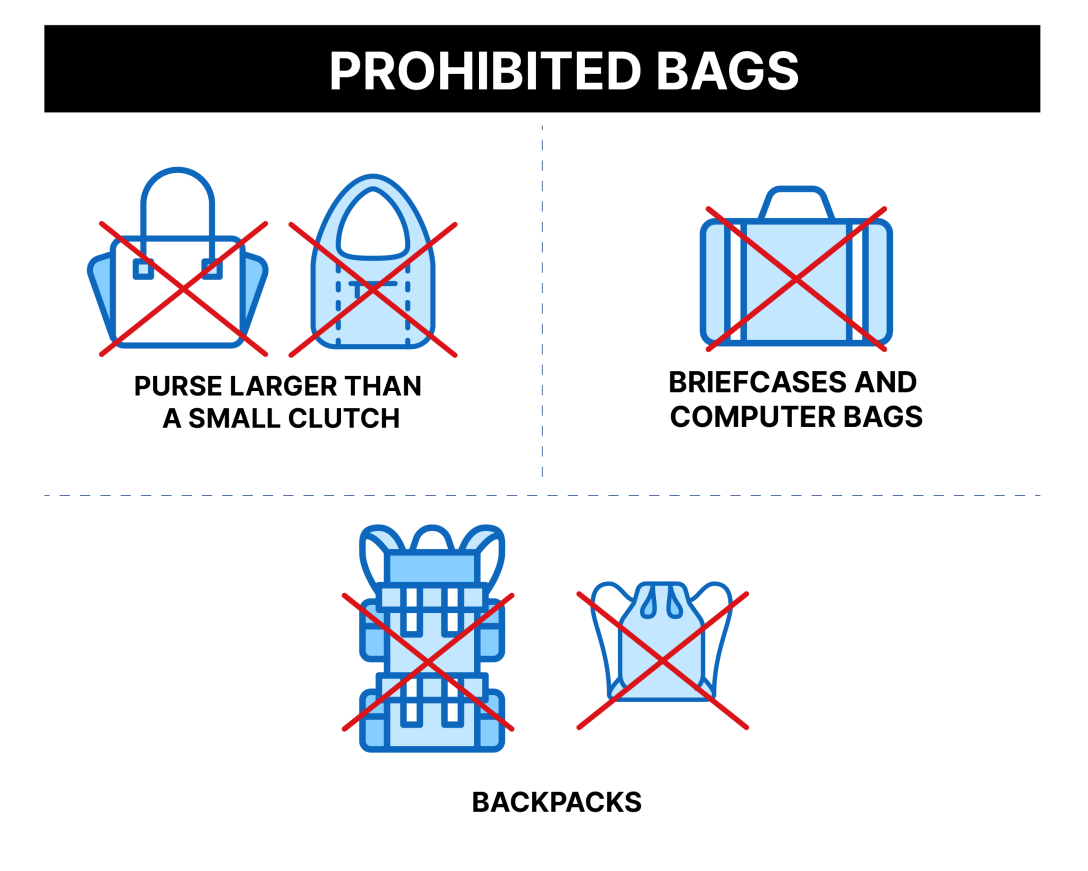 Examples of non-permitted bags, including purses larger than a small clutch, backpacks, and briefcases and computer bags