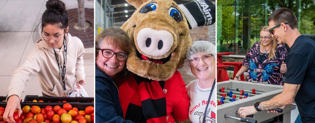 A woman choosing produce, Arty the Aardvark and an Aims employee volunteer, and people playing foosball