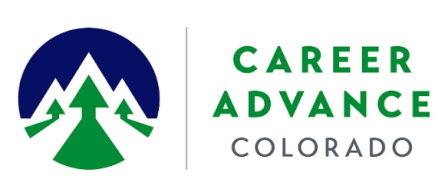 Career Advance Colorado logo, green text with a circle icon depicting blue sky and green trees or mountains