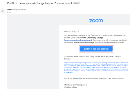 Zoom email showing how to switch to the new account.